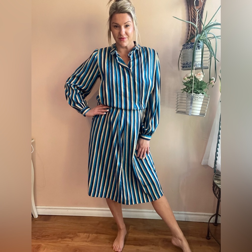 Vintage 1980s Shiny Blue & White Striped 'Rouie' Midi Shirtdress Size 12